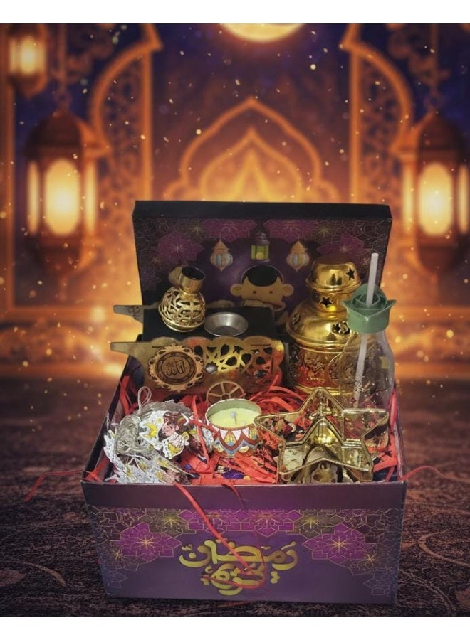 Ramadan Box + 6 Gifts (Golden Hanging Lantern + Incense Burner in the Shape of a Bean Cart + Bottle with Straw + 2 Meter LED Strip Lights + Scented Scented Candle + Star Plate for Sweets) - Image 1